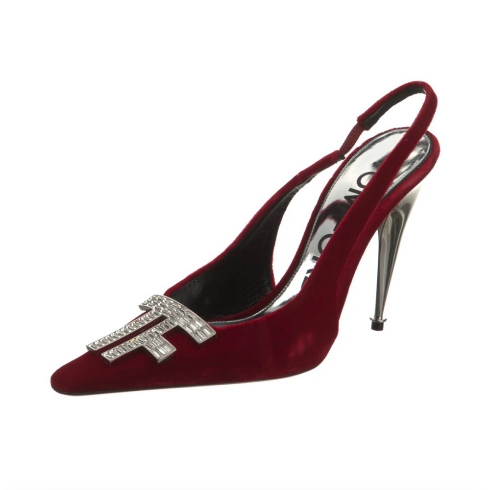 Tom Ford Ruby Red Velvet Slingback Pumps with Crystal TF Emblem - Picture 2 of 5